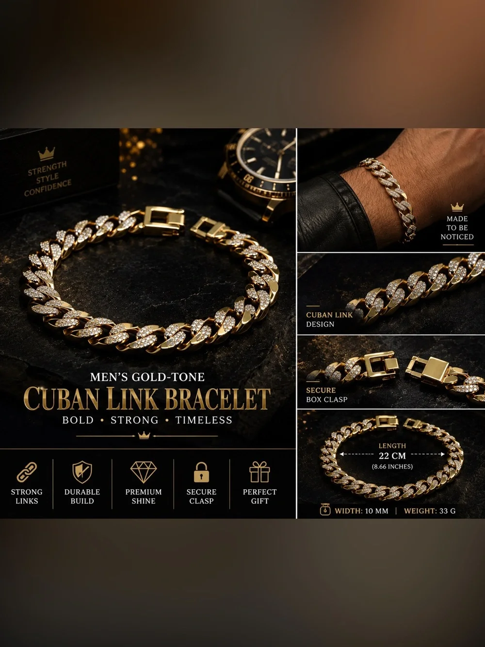 Men's Laminated Gold-Tone Cuban Link Bracelet with Pave Stones